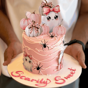 pink halloween spider cake