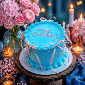 blue vintage white ribbon cake