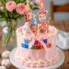 party hats pink ribbon cake