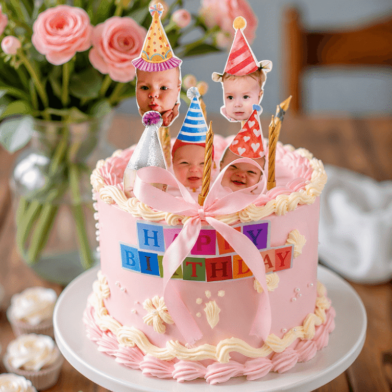 party hats pink ribbon cake
