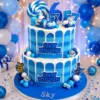 2 tier blue six seven theme cake