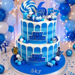 2 tier blue six seven theme cake