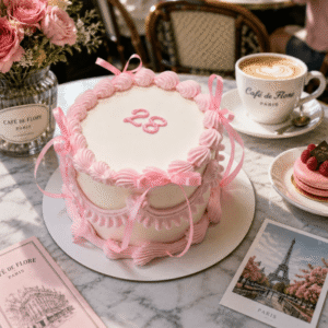 classic vintage pink ribbon cake