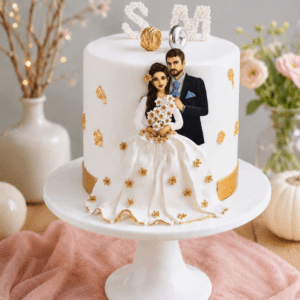 white golden couple wedding cake
