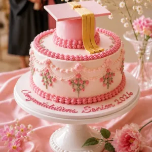 delicate pink graduation cake