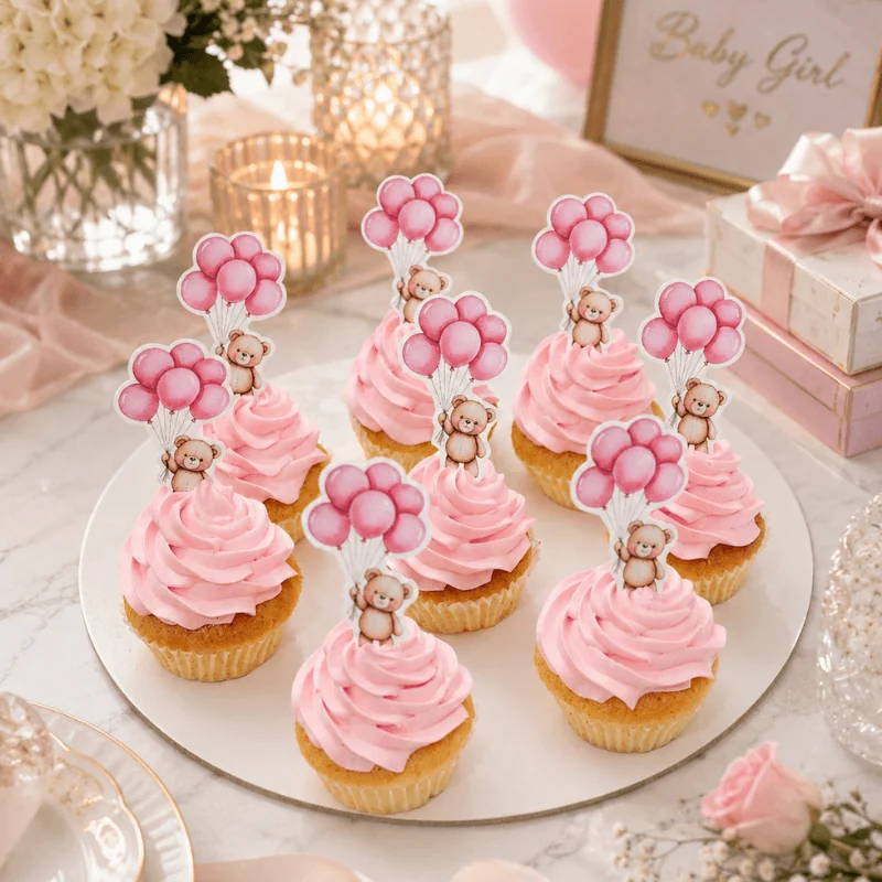 teddy with balloons cupcakes cupcakes decorated with pink icing swirls and teddy balloons on top