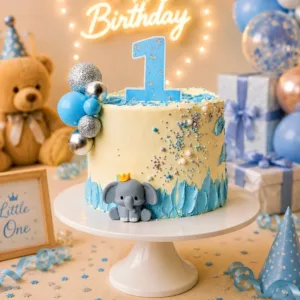 white blue elephant theme cake
