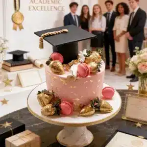 graduation cap rose gold cake