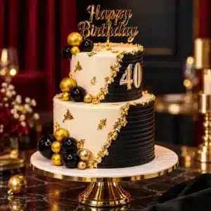 2 tier black white birthday cake