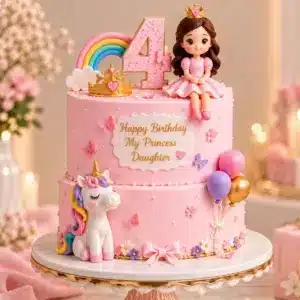 2 tier pink girl unicorn rainbow cake