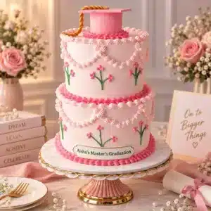 2 tier pink graduation cap cake