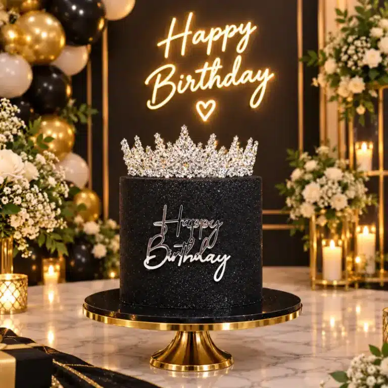 black glitter crown cake