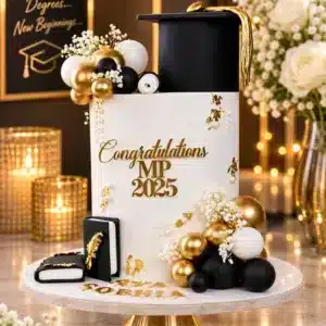 graduation cap black gold cake