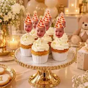 first birthday kid photo cupcakes