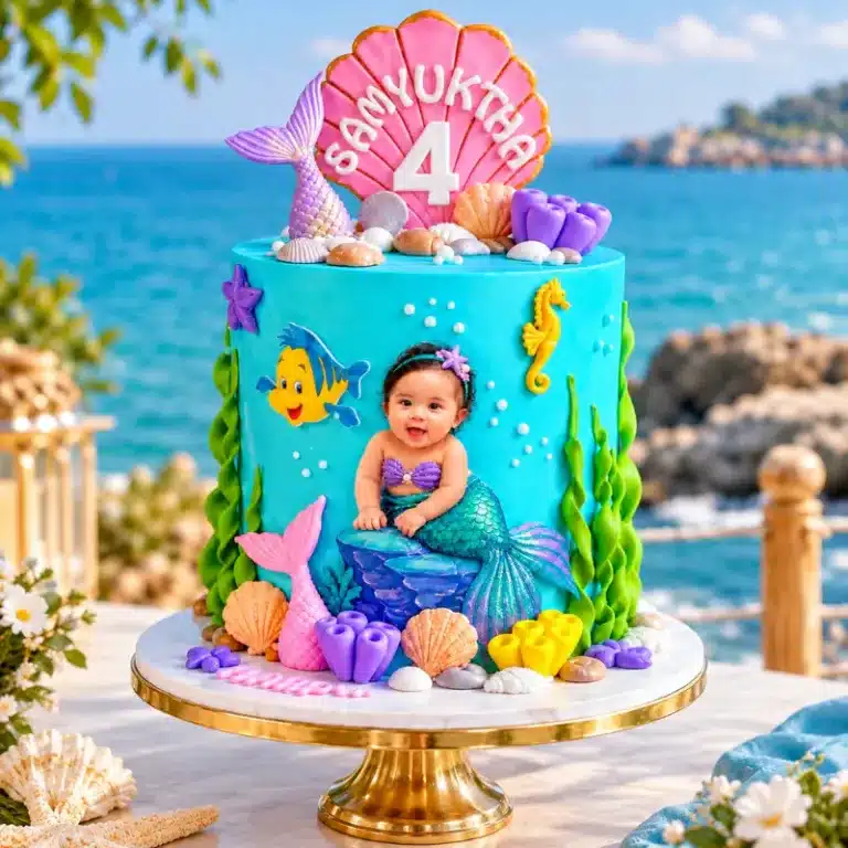 mermaid baby photo birthday cake