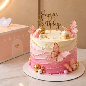 pink gold pearls butterfly cake
